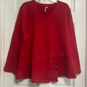 Lulu-B Red Top XL V Neck Asymmetrical Button accent Blouse
